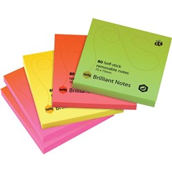 Marbig Repositionable Notes 75 x 75mm Brilliant Neon 80 Sheet Pad Assorted Pack Of 5