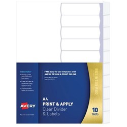 Avery L7455-10 Print & Apply Label Dividers A4 10 Tabs Clear